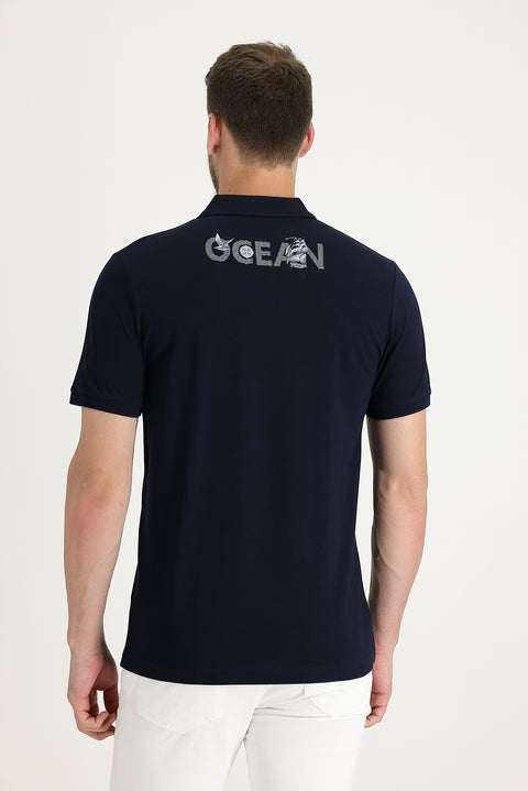 Orta Lacivert Polo Yaka Desenli Pamuk Tişört