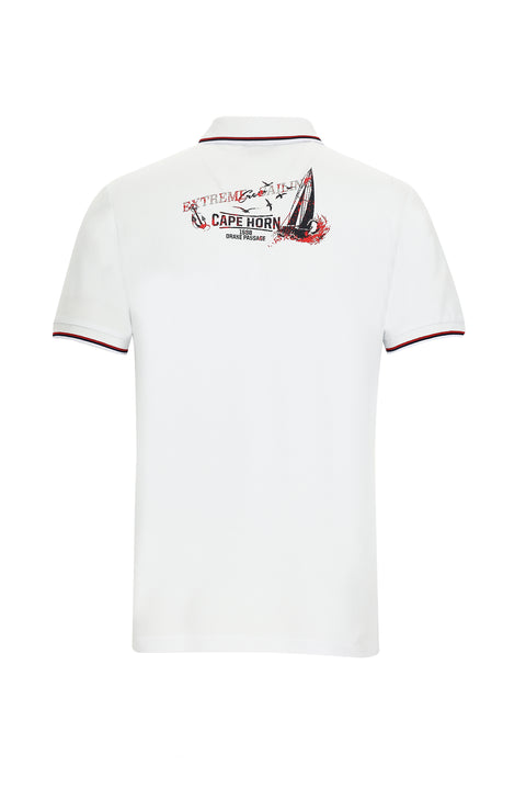 Beyaz Polo Yaka Regular Fit Desenli Pamuk Tişört