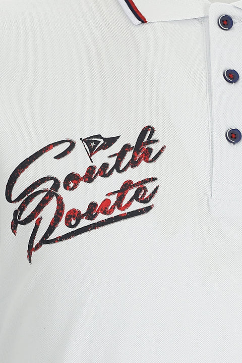 Beyaz Polo Yaka Regular Fit Desenli Pamuk Tişört