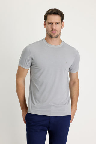  Açık Gri Melanj Bisiklet Yaka Slim Fit Dar Kesim Nakışlı Tişört