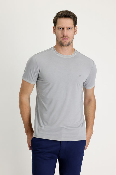 Açık Gri Melanj Bisiklet Yaka Slim Fit Dar Kesim Nakışlı Tişört