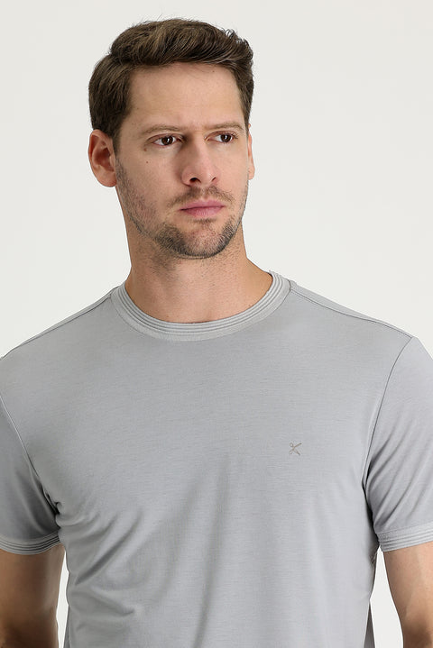 Açık Gri Melanj Bisiklet Yaka Slim Fit Dar Kesim Nakışlı Tişört