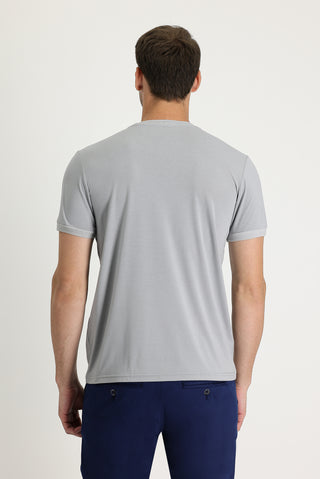  Açık Gri Melanj Bisiklet Yaka Slim Fit Dar Kesim Nakışlı Tişört