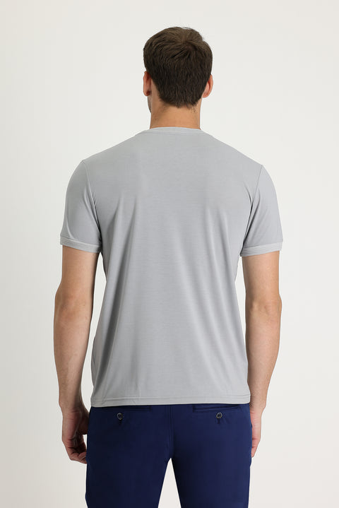 Açık Gri Melanj Bisiklet Yaka Slim Fit Dar Kesim Nakışlı Tişört