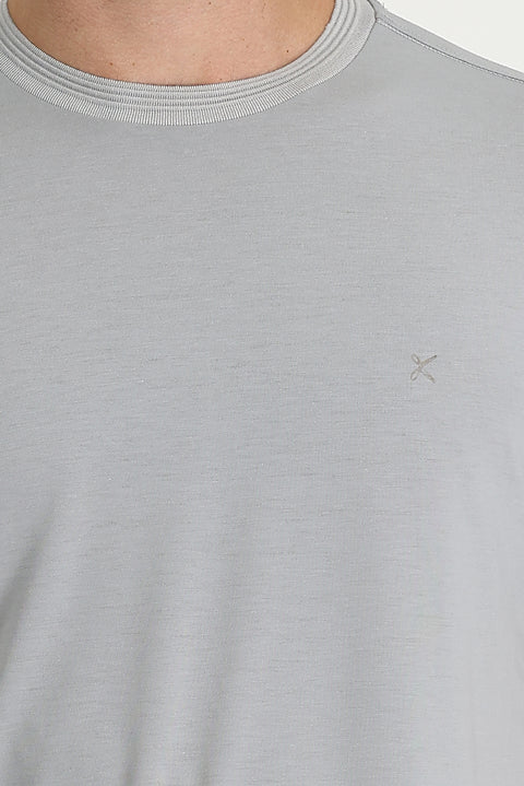 Açık Gri Melanj Bisiklet Yaka Slim Fit Dar Kesim Nakışlı Tişört