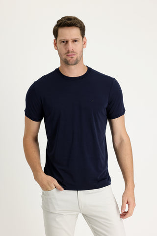  Koyu Lacivert Bisiklet Yaka Slim Fit Dar Kesim Nakışlı Tişört