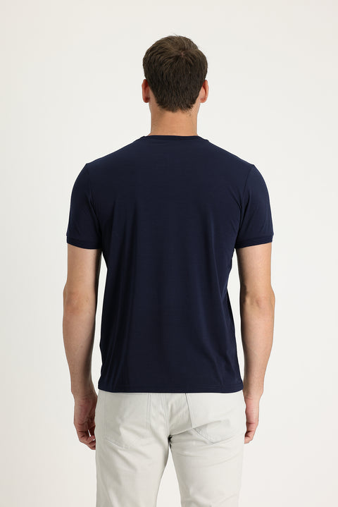 Koyu Lacivert Bisiklet Yaka Slim Fit Dar Kesim Nakışlı Tişört