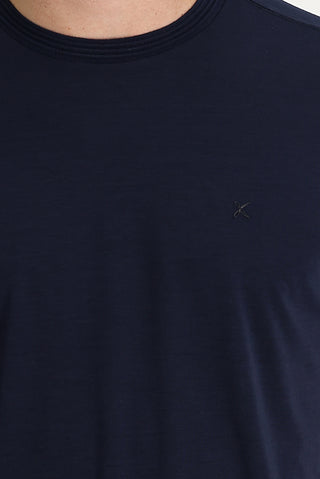  Koyu Lacivert Bisiklet Yaka Slim Fit Dar Kesim Nakışlı Tişört