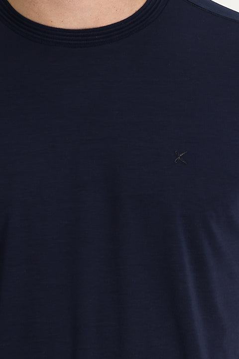 Koyu Lacivert Bisiklet Yaka Slim Fit Dar Kesim Nakışlı Tişört