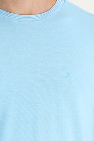  Açık Mavi Bisiklet Yaka Slim Fit Dar Kesim Nakışlı Tişört