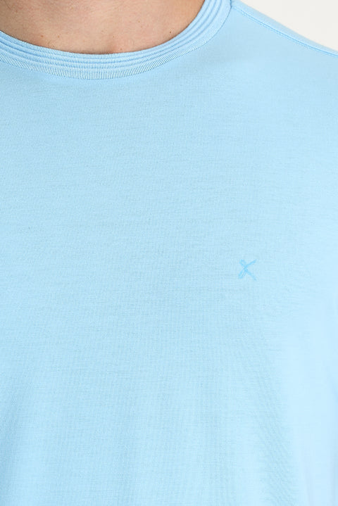 Açık Mavi Bisiklet Yaka Slim Fit Dar Kesim Nakışlı Tişört