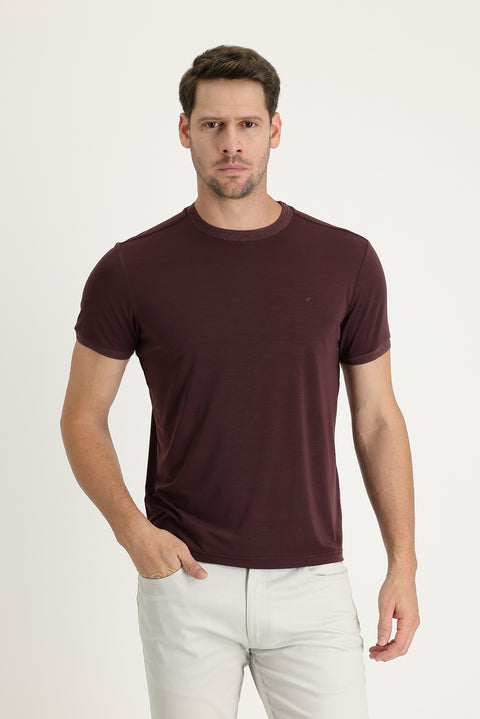 Koyu Bordo Bisiklet Yaka Slim Fit Dar Kesim Nakışlı Tişört