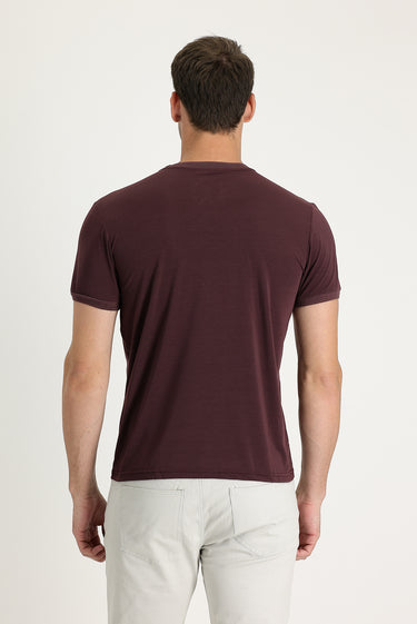  Koyu Bordo Bisiklet Yaka Slim Fit Dar Kesim Nakışlı Tişört