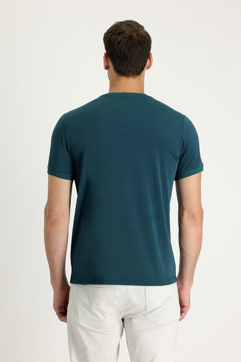 Zümrüt Yeşili Bisiklet Yaka Slim Fit Dar Kesim Nakışlı Tişört