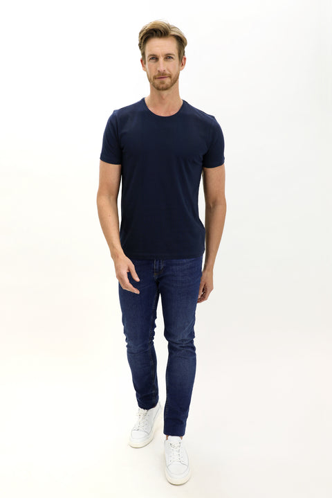 Koyu Lacivert Bisiklet Yaka Slim Fit Dar Kesim Pamuk Tişört