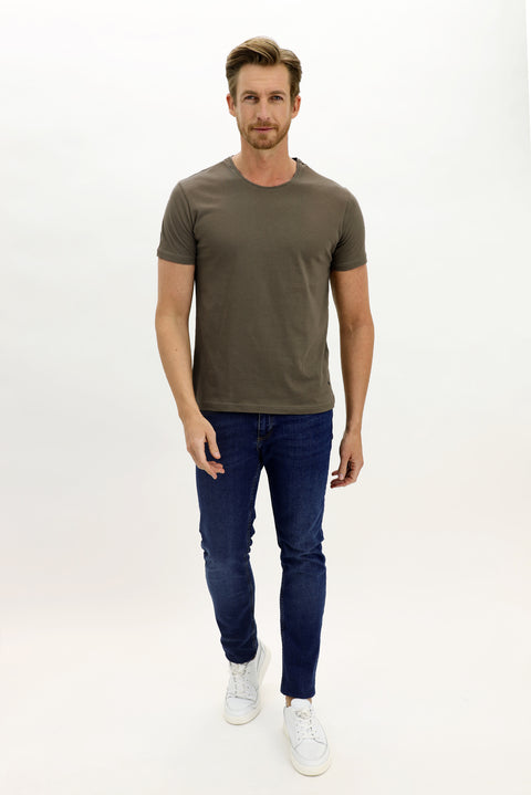 Orta Haki Bisiklet Yaka Slim Fit Dar Kesim Pamuk Tişört