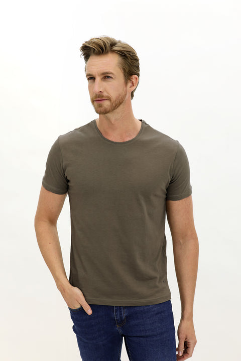 Orta Haki Bisiklet Yaka Slim Fit Dar Kesim Pamuk Tişört