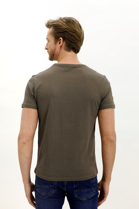 Orta Haki Bisiklet Yaka Slim Fit Dar Kesim Pamuk Tişört