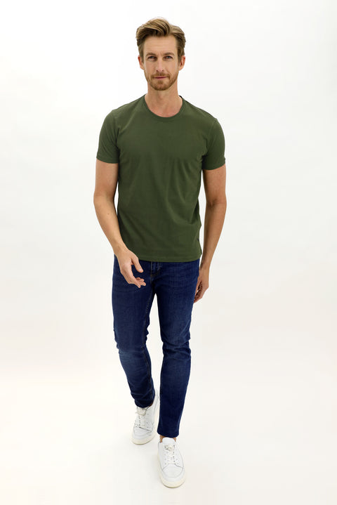 Asker Haki Bisiklet Yaka Slim Fit Dar Kesim Pamuk Tişört