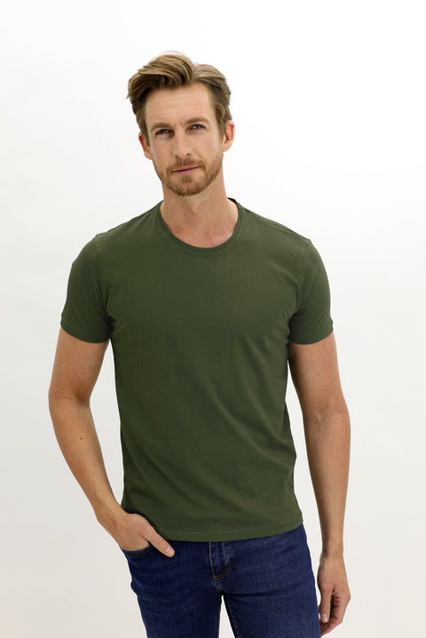 Asker Haki Bisiklet Yaka Slim Fit Dar Kesim Pamuk Tişört