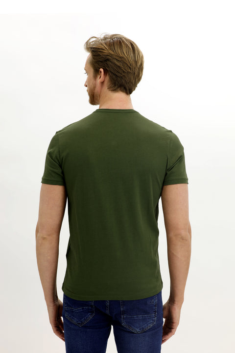 Asker Haki Bisiklet Yaka Slim Fit Dar Kesim Pamuk Tişört