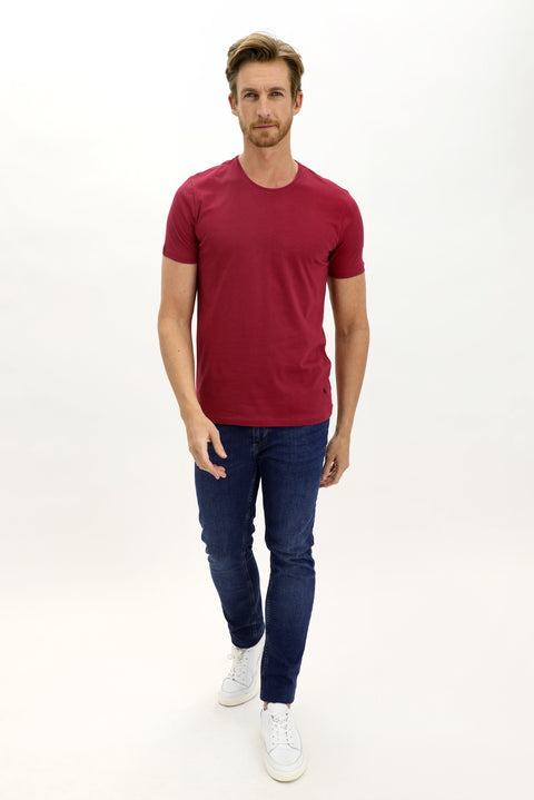 Şarap Bordo Bisiklet Yaka Slim Fit Dar Kesim Pamuk Tişört