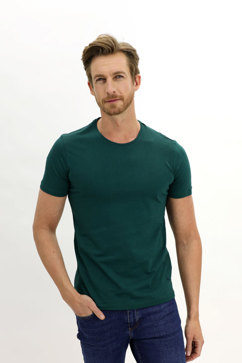 Zümrüt Yeşili Bisiklet Yaka Slim Fit Dar Kesim Pamuk Tişört