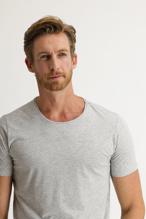 Açık Gri Melanj Bisiklet Yaka Slim Fit Dar Kesim Tişört