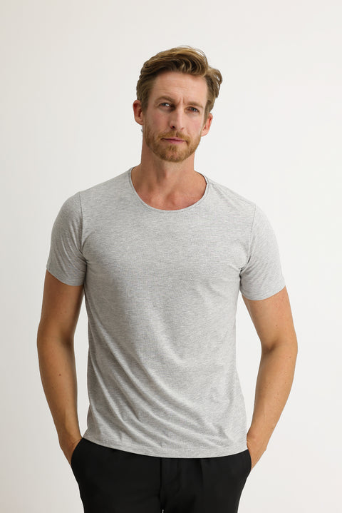 Açık Gri Melanj Bisiklet Yaka Slim Fit Dar Kesim Tişört