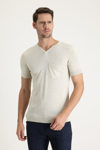  Ekru Bisiklet Yaka Slim Fit Dar Kesim Düğmeli Keten Karışımlı Tişört