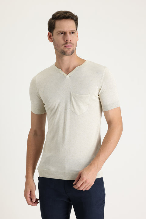 Ekru Bisiklet Yaka Slim Fit Dar Kesim Düğmeli Keten Karışımlı Tişört