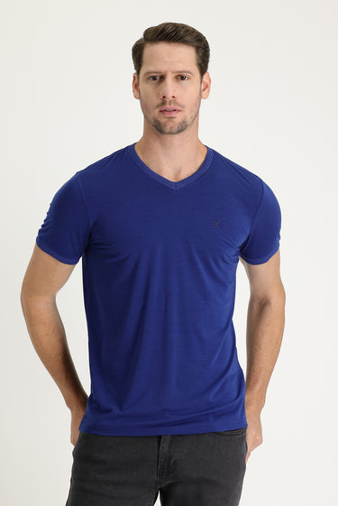 Saks Mavi V Yaka Slim Fit Dar Kesim Nakışlı Tişört