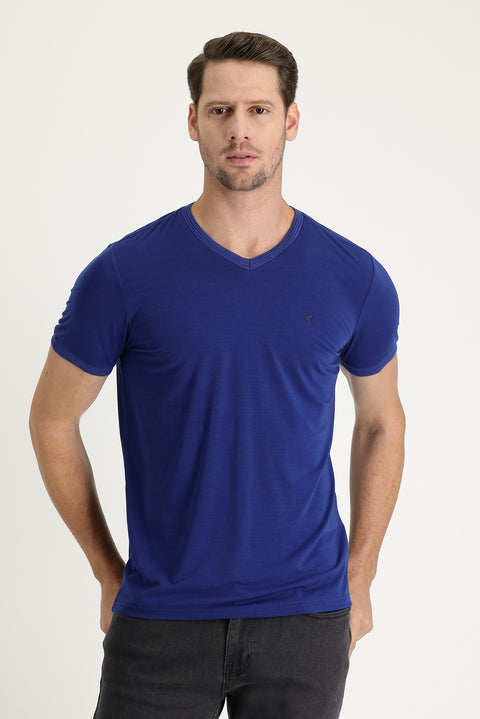 Navy Blue V-Neck Slim Fit Embroidered T-Shirt
