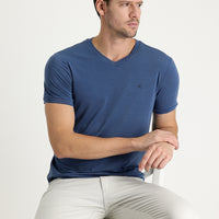 Koyu İndigo V Yaka Slim Fit Dar Kesim Nakışlı Tişört