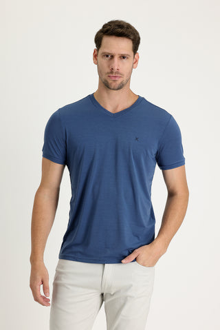  Koyu İndigo V Yaka Slim Fit Dar Kesim Nakışlı Tişört