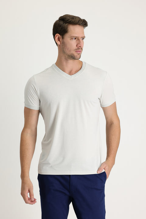 Stone V-Neck Slim Fit Narrow Cut Embroidered T-Shirt
