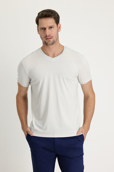 Stone V-Neck Slim Fit Narrow Cut Embroidered T-Shirt