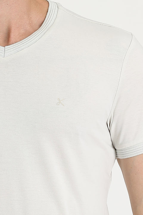 Stone V-Neck Slim Fit Narrow Cut Embroidered T-Shirt