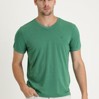 Orman Yeşili V Yaka Slim Fit Dar Kesim Nakışlı Tişört