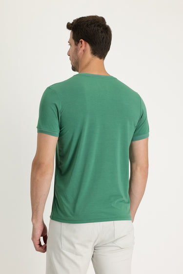 Orman Yeşili V Yaka Slim Fit Dar Kesim Nakışlı Tişört