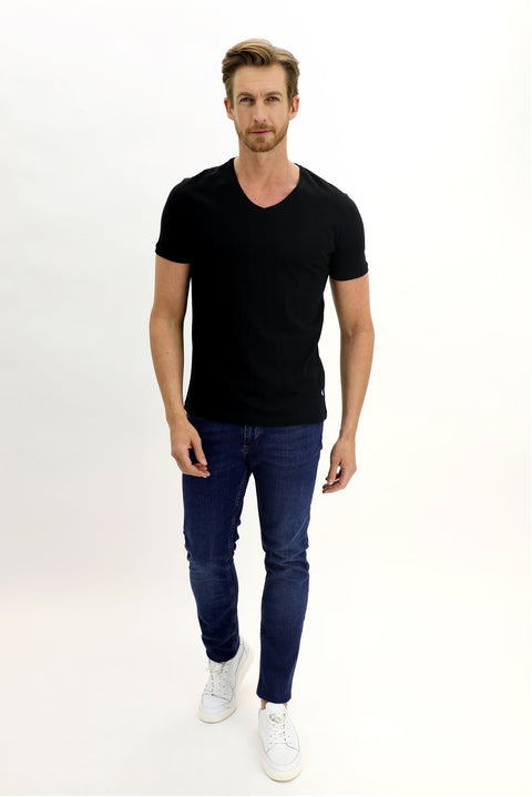 Siyah V Yaka Slim Fit Dar Kesim Pamuk Tişört