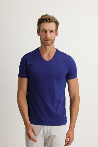  Saks Mavi V Yaka Slim Fit Dar Kesim Pamuk Tişört