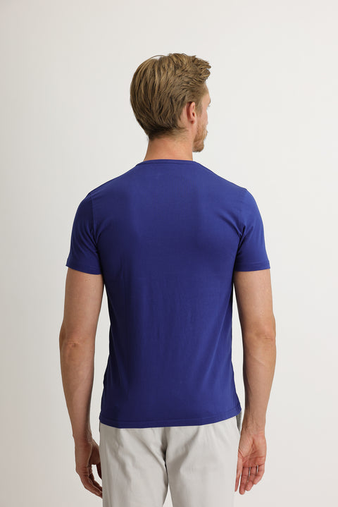 Saks Mavi V Yaka Slim Fit Dar Kesim Pamuk Tişört