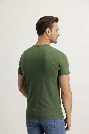  Asker Haki V Yaka Slim Fit Dar Kesim Pamuk Tişört