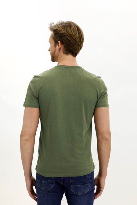 Asker Haki V Yaka Slim Fit Dar Kesim Pamuk Tişört