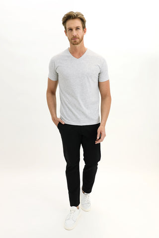 Açık Gri Melanj V Yaka Slim Fit Dar Kesim Pamuklu Tişört