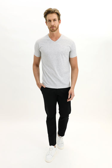 Açık Gri Melanj V Yaka Slim Fit Dar Kesim Pamuklu Tişört