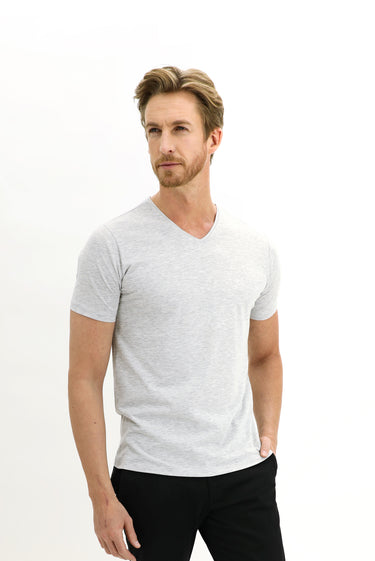 Açık Gri Melanj V Yaka Slim Fit Dar Kesim Pamuklu Tişört