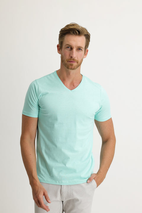 Su Mavisi V Yaka Slim Fit Dar Kesim Pamuk Tişört