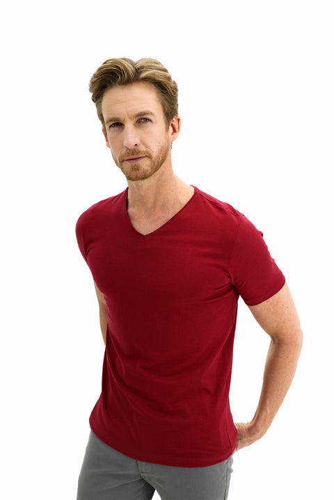 Açık Bordo V Yaka Slim Fit Dar Kesim Pamuk Tişört